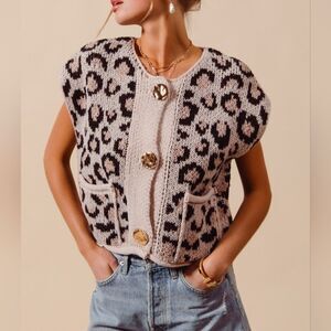 SO ME Big Metal Button Leopard Print Knit Button-Front Cardigan Sweater sz Md